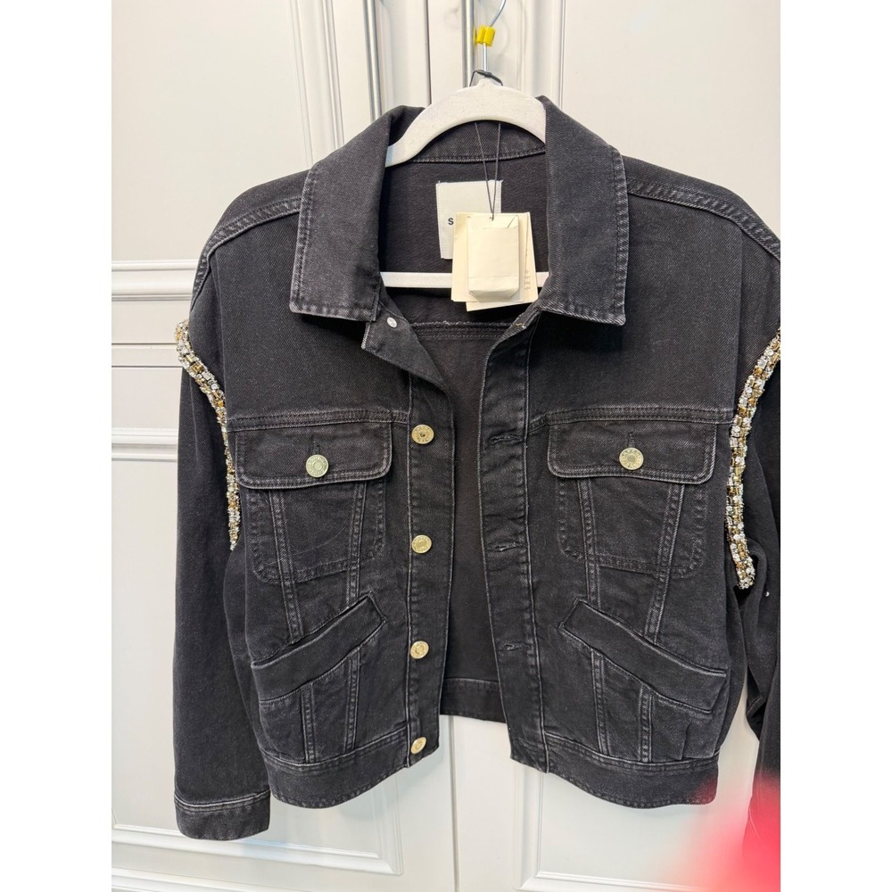 Sandro Paloma Denim Jacket Women 38 Black NWT Crystal Embellished Noir
